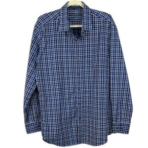 Bugatchi Uomo Cotton Navy White Plaid Shaped Fit Long Sleeve Large Men's Shirt